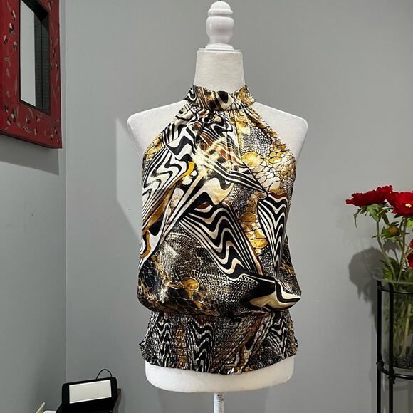 NEW Cache Metallic Shimmer Disco Queen Sleeveless Halter Tie Neck Smocked Top XS - Picture 9 of 16